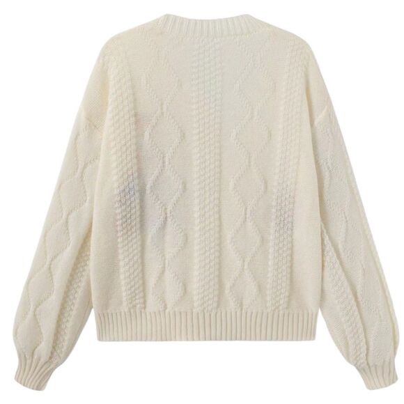 Embroidered Chunky Cardigan Sweater Floral Pockets Cream Yellow S - Picture 2 of 9